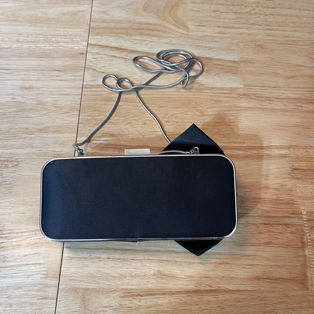 Glint Black‎ Satin Bow Evening Clutch Rhinestone Silver Chain Strap Formal Bag